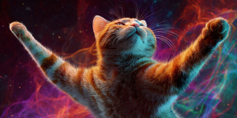 Orange tabby cat reaching up in cosmic nebula