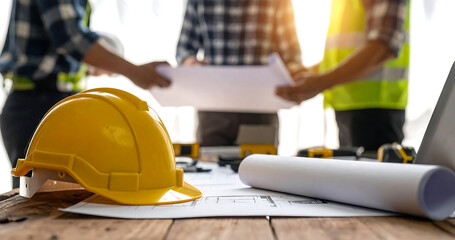 Construction team reviewing blueprint with yellow hard hat in foreground