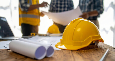 Construction team planning project with blueprint and yellow hard hat