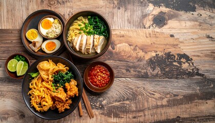 Delicious asian cuisine dishes on wooden table