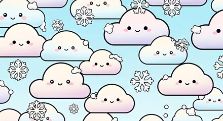 Cute cartoon clouds with snowflakes on pastel blue background  