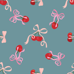 Seamless Pattern of Cherries with Pink Bows