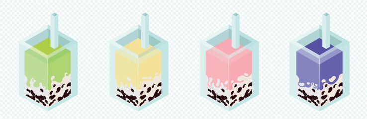 A charming vector set of glasses with bubble tea in isometric projection and delicate pastel shades.