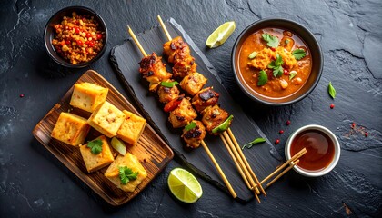 Delicious food displayed on dark surface