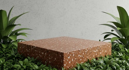 3d render image blank mockup brown terrazzo podium in square green leaf plant and textured wall