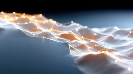 An abstract digital illustration of a network structure with glowing nodes and lines, suggesting data flow and connectivity. The image has a futuristic and tech