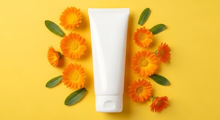 Top view photo at a blank label cosmetic tube in white color featured on yellow background with calendula flower decorated around