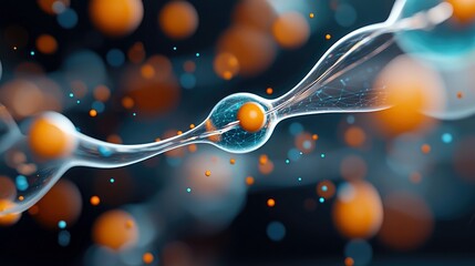 An abstract, artistic representation of a neuron structure with glowing spheres and connecting lines, set against a dark background.