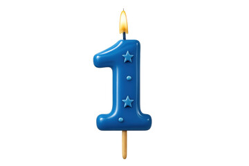 Blue number one birthday candle with lit flame, symbolizing first year celebration, anniversary, and milestone event