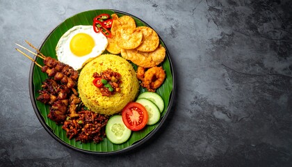 Delicious food plate with yellow rice and variety