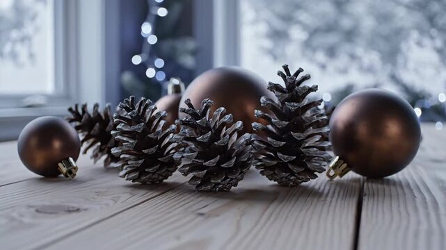 Winter holiday decor pinecones baubles wooden surface festive season