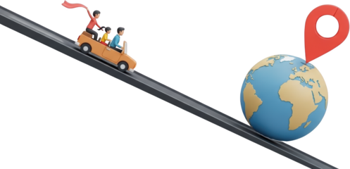 Three people in a car with a red scarf trailing moving on a pathway towards a globe with a red map marker on it illustrating travel and destination concepts
