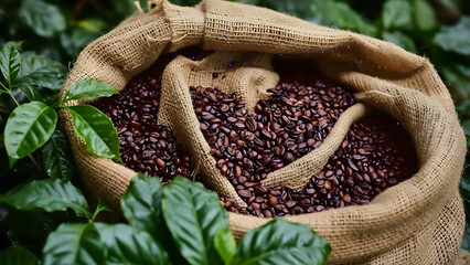 A burlap sack filled with roasted coffee beans surrounded by green leaves in a vibrant setting