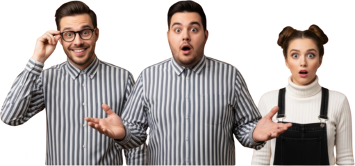 Three individuals two men and one woman express surprise and confusion with wide eyes and open mouths while gesturing shock amazement astonishment disbelief