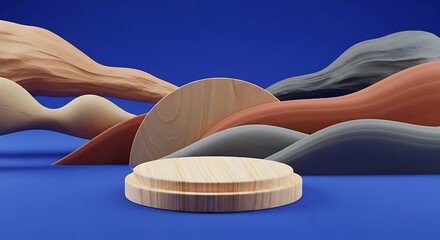 Small round podium display on the blue background with big surreal shapes. Natural showcase. 
