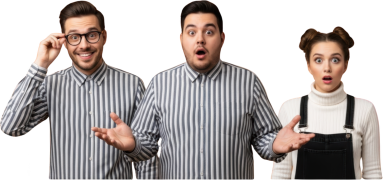 Three individuals two men and one woman express surprise and confusion with wide eyes and open mouths while gesturing shock amazement astonishment disbelief