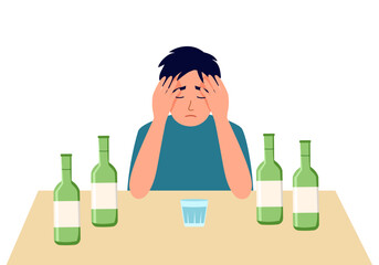 Man drinking soju Korean alcohol drink in flat design on white background.