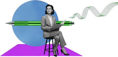 A woman in a grey suit sits on a stool holding a document near a large green pen with a wavy green line emanating from it against a blue and purple geometric background
