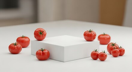 Some red tomatoes displayed around a podium in white color. Product presentation, mockup, show cosmetic product, Podium, stage pedestal or platform