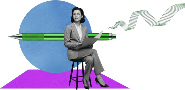 A woman in a grey suit sits on a stool holding a document near a large green pen with a wavy green line emanating from it against a blue and purple geometric background - Powered by Adobe