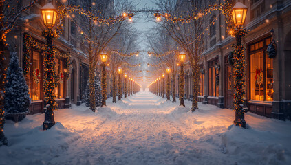 AI-generated image of city streets at night with Christmas decorations spreading the Christmas spirit