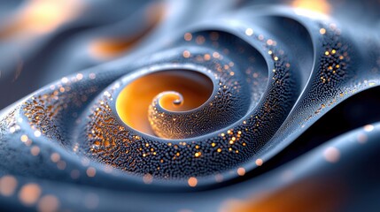 An abstract image featuring a spiral structure with a gradient of blue and orange hues, adorned with glowing particles, creating a sense of depth and artistic a