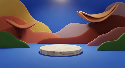 Small round podium display on the blue background with big surreal shapes. Natural showcase. 