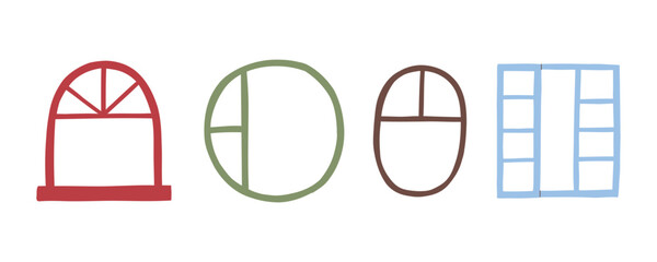 Set of flat cartoon hand drawn windows. Vector illustration for design, print and scrapbooking.