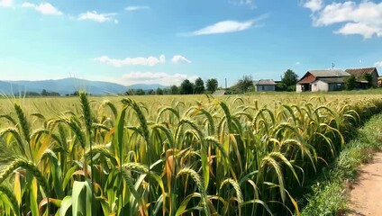A warm 4K rural landscape captures golden wheat swaying under the summer sun showcasing the beauty of agriculture growing crops and peaceful open farmland in gentle breeze - Powered by Adobe