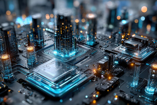 Futuristic Circuit Board Cityscape with Glowing Lights