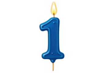 Blue number one birthday candle with lit flame, symbolizing first year anniversary celebration, isolated on transparent background