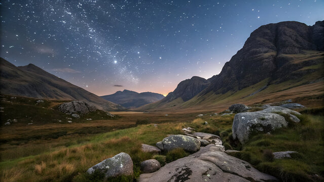 Spectacular highland landscape with rugged rocks against a star-filled sky, perfect for travel and night sky enthusiasts