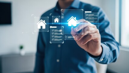 Digital House Inspection: Man Interacting with Virtual Property Checklist Interface for Real Estate Selection
