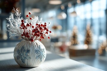 Frosted winter berry arrangement in decorative vase enhancing bright modern office space
