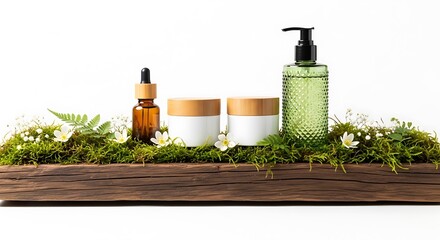 Luxury old wooden plank covered by , green moss composition on white background product display for organic eco cosmetic and skin care