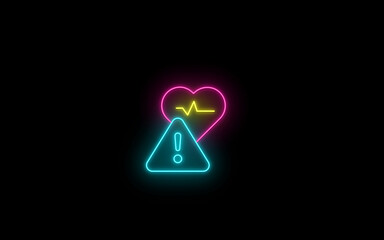 Neon Glowing Heartbeat with warning line icon on black background. Electrocardiogram show heart beat line. Cardiogram, neon heart pulse. Neon warning heart love icon.