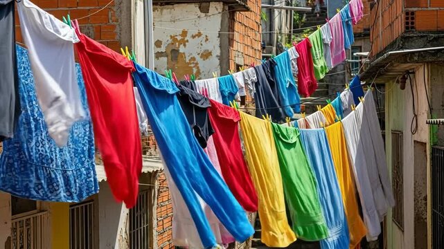 Vibrant laundry drying in a bustling urban alleyway as wind gently moves clothes