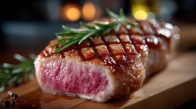 A beautifully seared steak, showcasing a juicy interior, emphasizes culinary skill and the delightful experience of savoring a perfectly prepared meal, embodying indulgence.