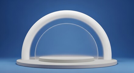 Fat white arc on a round podium with blue background. Natural showcase. Minimal design.