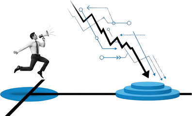 Businessman with megaphone running towards descending trend lines and a blue podium symbolizing progress and challenges Graph Arrow Decline Success Strategy