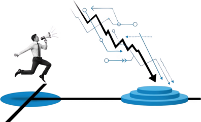 Businessman with megaphone running towards descending trend lines and a blue podium symbolizing progress and challenges Graph Arrow Decline Success Strategy