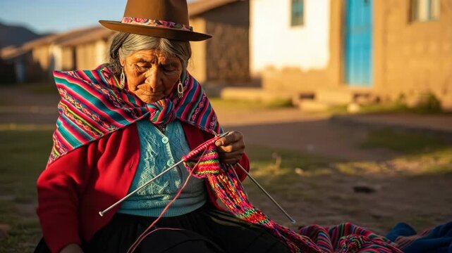 Elderly woman knitting in vibrant traditional clothing at sunset in rural village