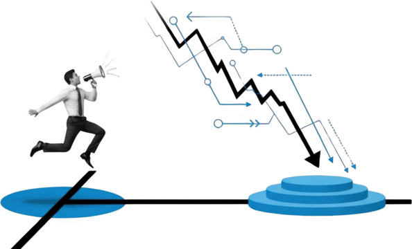 Businessman with megaphone running towards descending trend lines and a blue podium symbolizing progress and challenges Graph Arrow Decline Success Strategy
