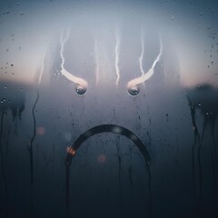 Melancholic Visage: A Solemn Frown on Mist-Kissed Glass Reflecting Deep Inner Battles Amidst the Twilight of a Tumultuous, Turbulent Mind