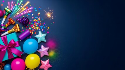 Colorful party decorations, including balloons, confetti, and a gift, are arranged on a dark blue background, perfect for new year.