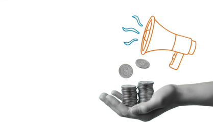 Hand holding stacks of coins with a stylized megaphone illustration emitting sound waves and scattered coins signifying financial communication and growth