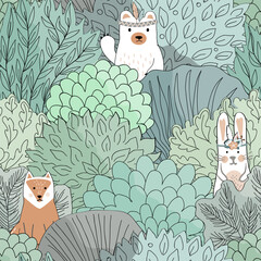 Doodle Autumn hand drawn forest seamless pattern. Fairy Fall floral background with cartoon trees and animals. Vector illustration