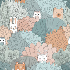 Doodle Autumn hand drawn forest seamless pattern. Fairy Fall floral background with cartoon trees and animals. Vector illustration.
