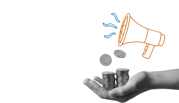 Hand holding stacks of coins with a stylized megaphone illustration emitting sound waves and scattered coins signifying financial communication and growth
