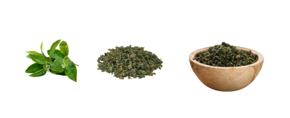 Premium Tea Ingredients Trio - Leaf, Loose, Brew - Isolated on Transparent Background. Versatile trio: fresh leaf, loose tea heap, brewed cup — polished set for ecommerce, recipe cards, wellness sites